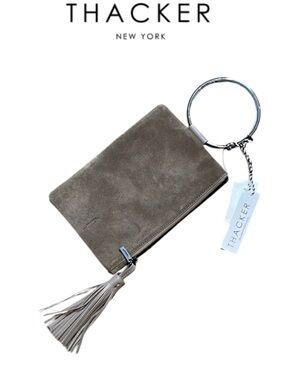 NWT THACKER NEW YORK NOLITA TAUPE SUEDE RING HANDLE WRISTLET CLUTCH W/TASSEL